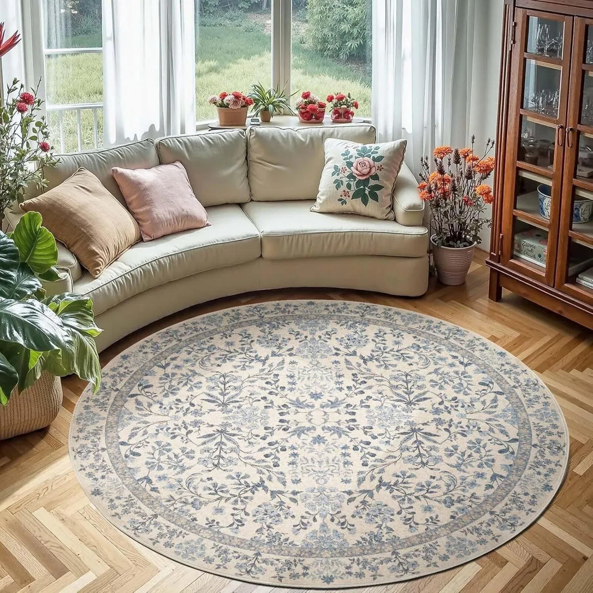 Vintage Floral Round Rug 180cm Soft Machine - Image 1