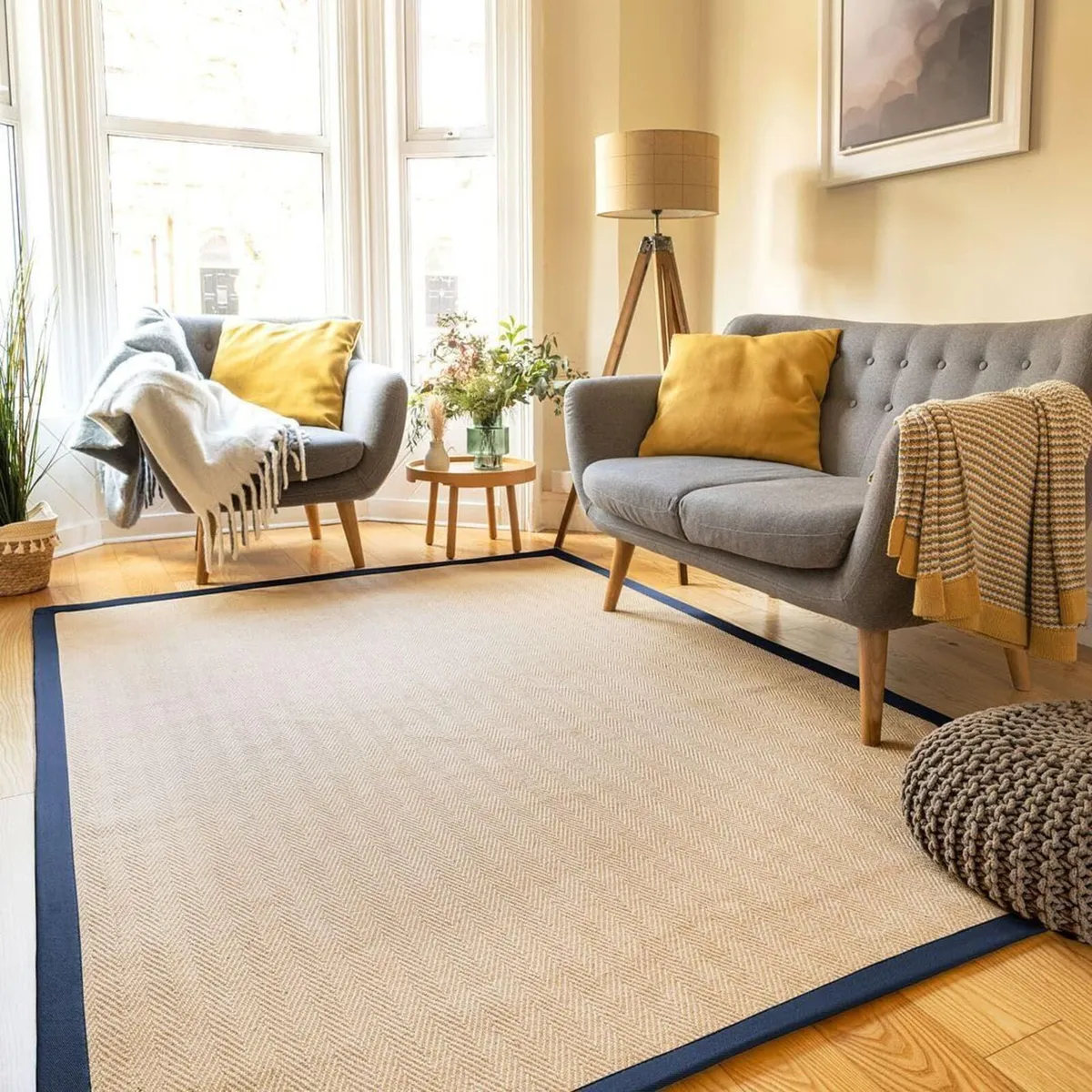 Natural Herringbone Navy Cotton Border Jute Area - Image 1