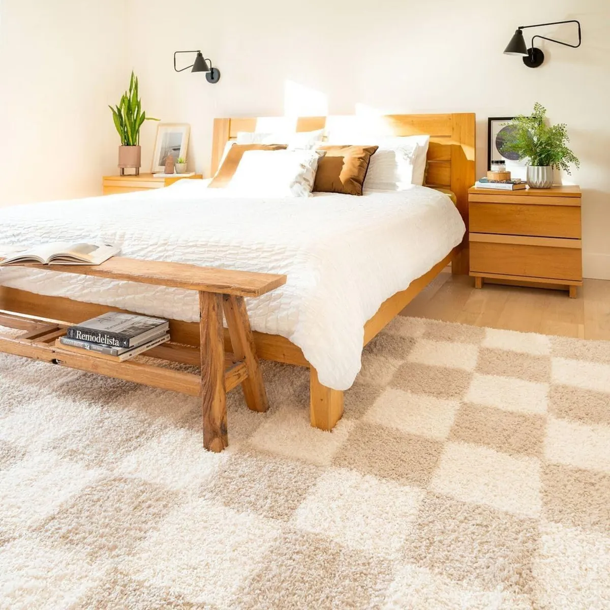 Modern Shaggy Rug Beige Cream Abstract Checker - Image 3