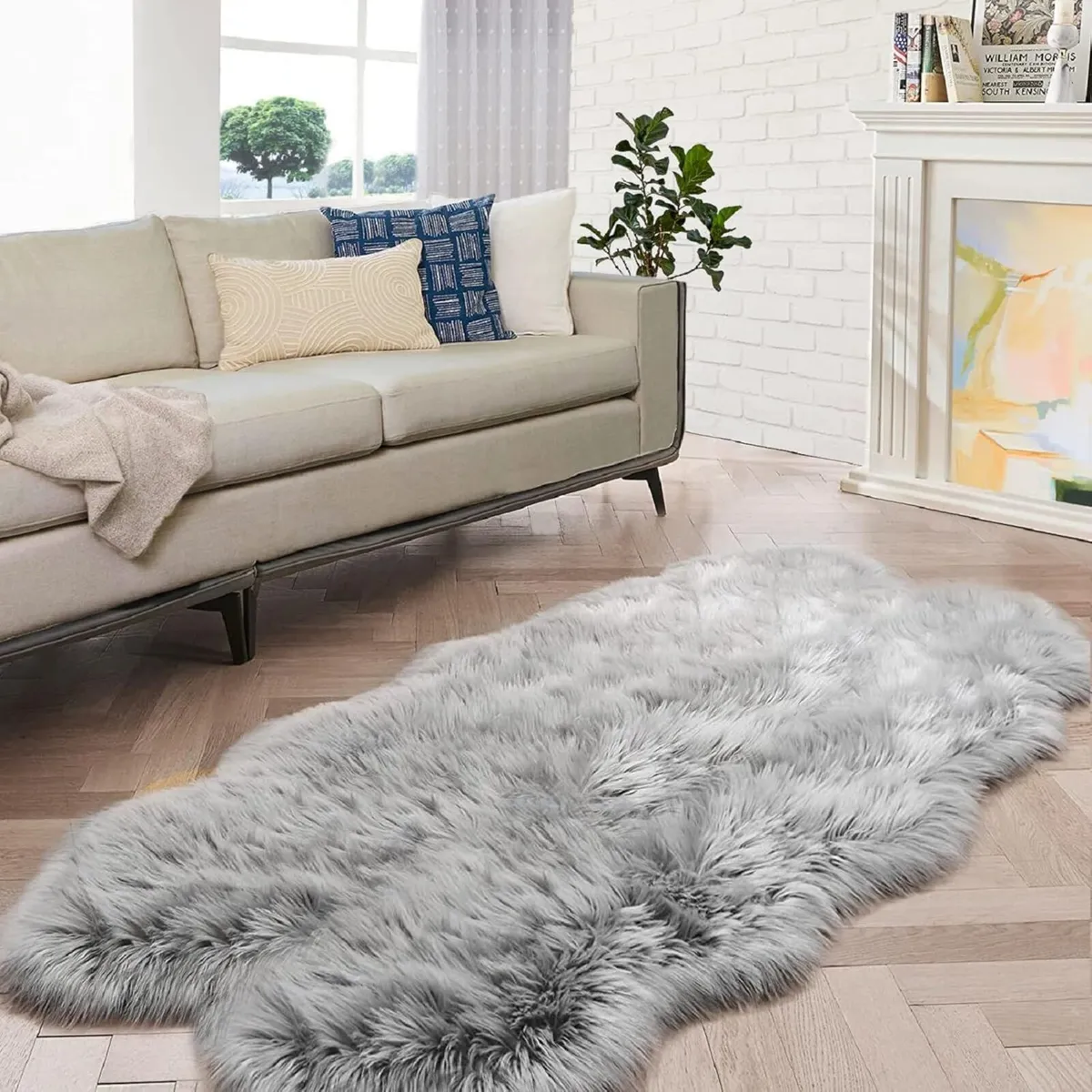 Silver Grey Plush Faux Sheepskin Fur Area Rugs - Image 1