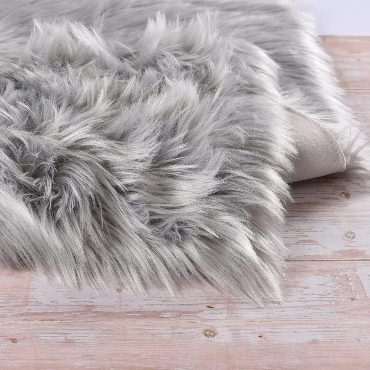Silver Grey Plush Faux Sheepskin Fur Area Rugs - Image 3