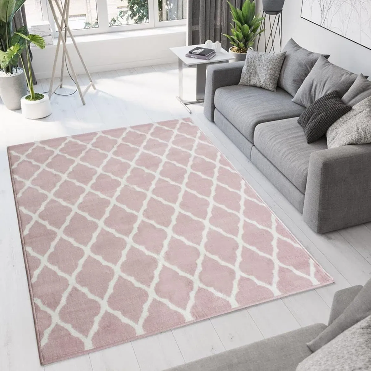 Modern Soft Blush Pink Trellis Area Rug Transition - Image 1