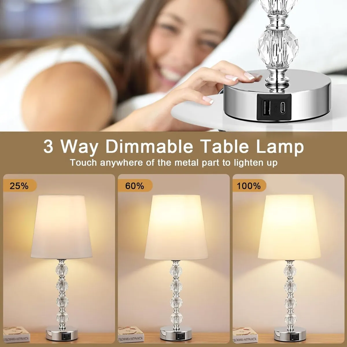 Touch Bedside Lamps Set of 2 47cm‘H Crystal 3 Way - Image 2