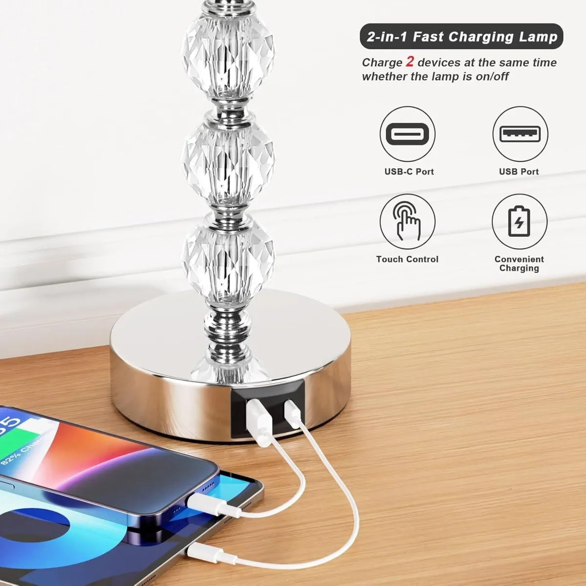 Touch Bedside Lamps Set of 2 47cm‘H Crystal 3 Way - Image 3