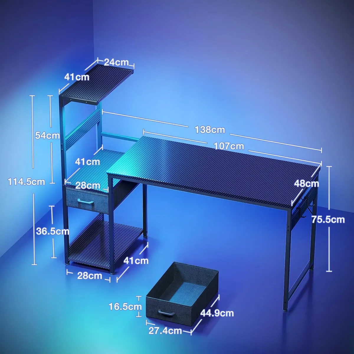 138x48 cm Gaming Desk with LED Lights Reversible - Image 3