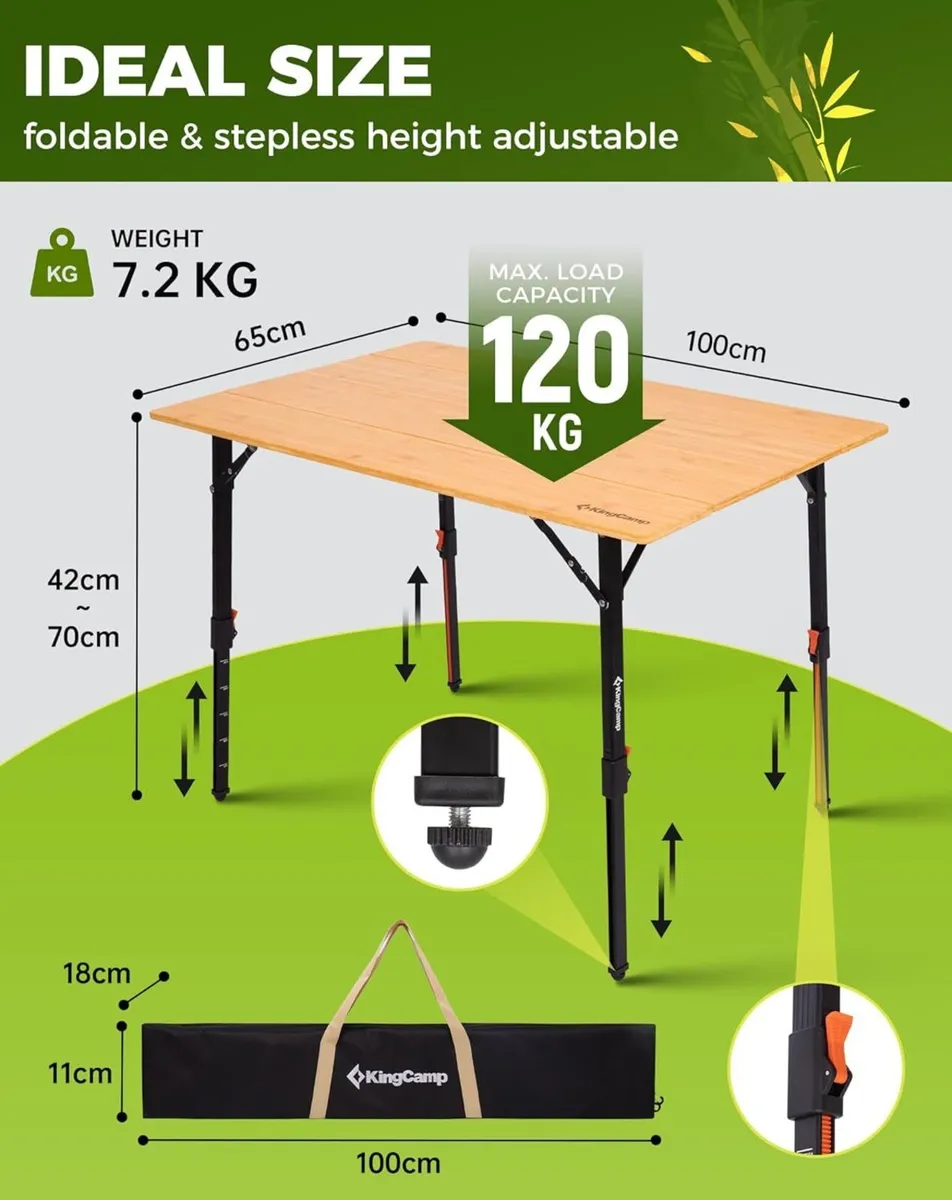Bamboo Camping Table Adjustable Height 16-27 - Image 2