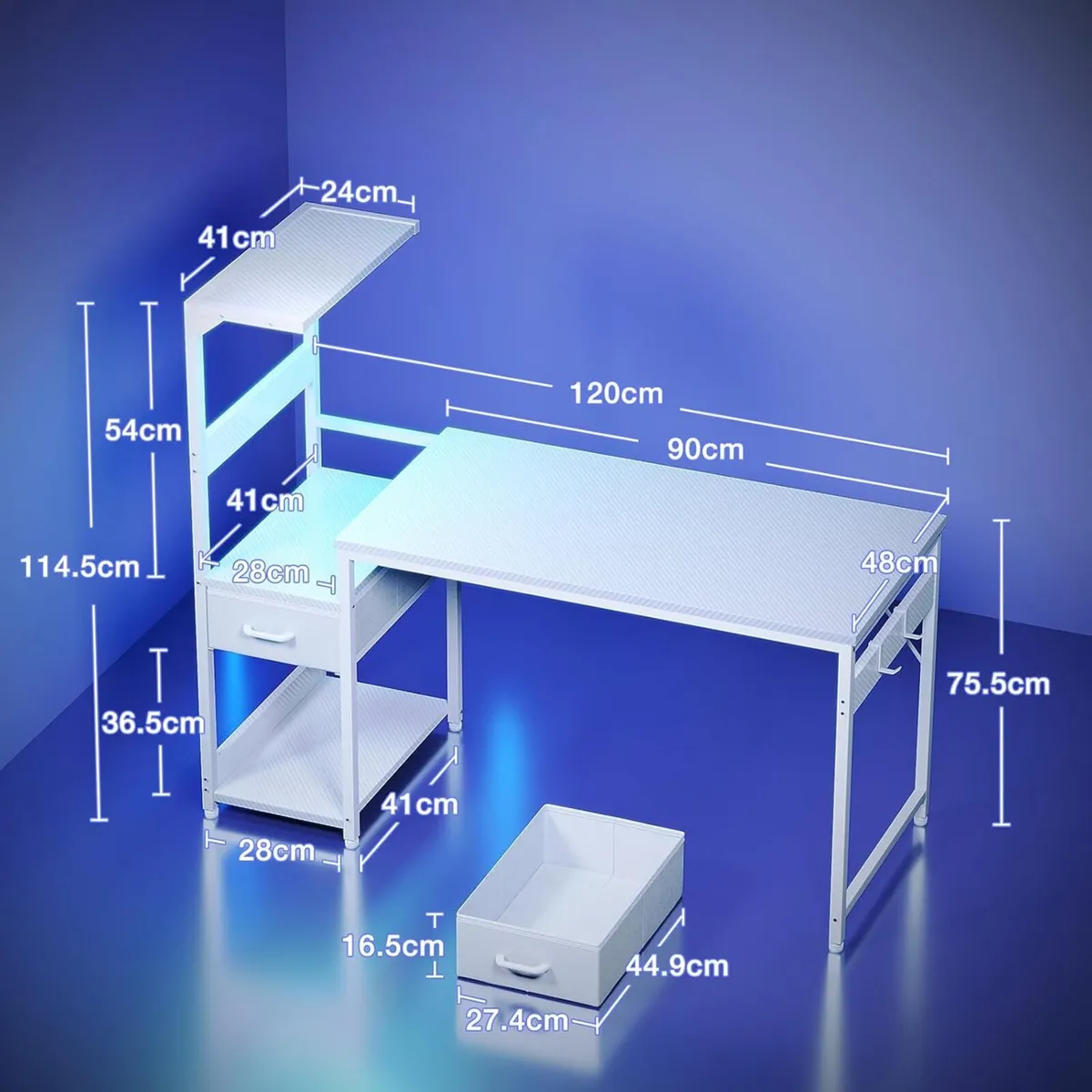120x48 cm Gaming Desk with LED Lights Reversible - Image 3