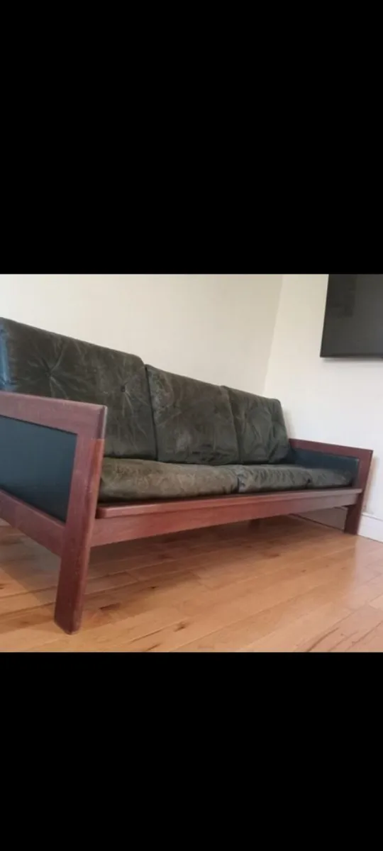 mid century  teak and black leather sofa - Image 1
