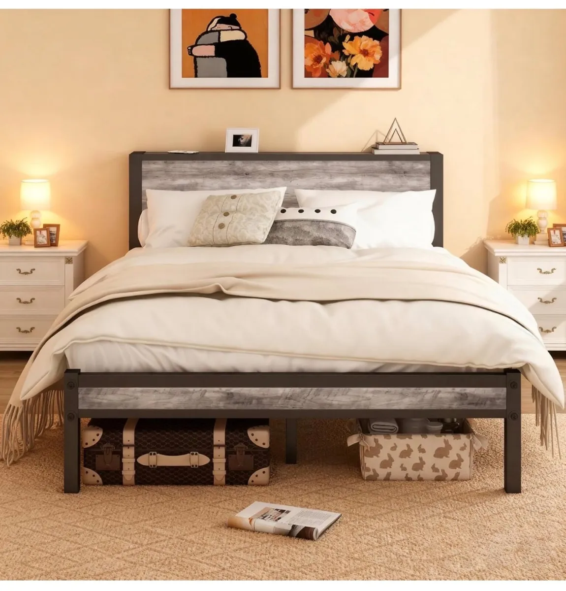 Double Bed Frames with Storage Wooden Headboard, M - Image 1