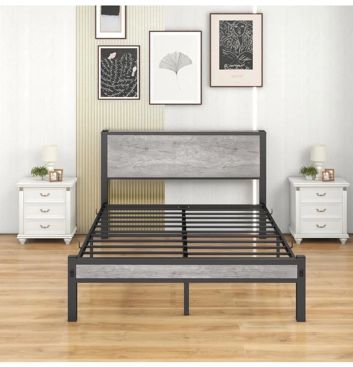 Double Bed Frames with Storage Wooden Headboard, M - Image 2