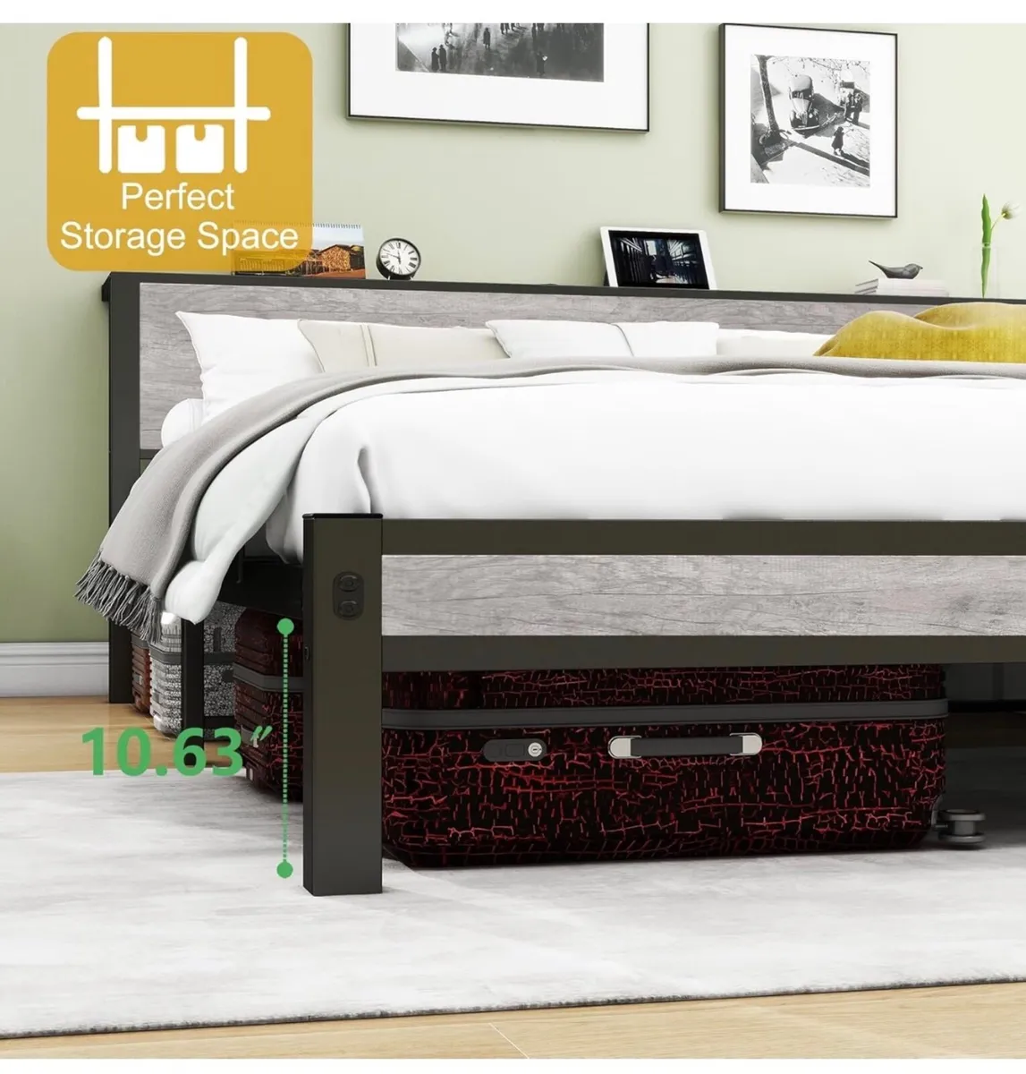 Double Bed Frames with Storage Wooden Headboard, M - Image 3