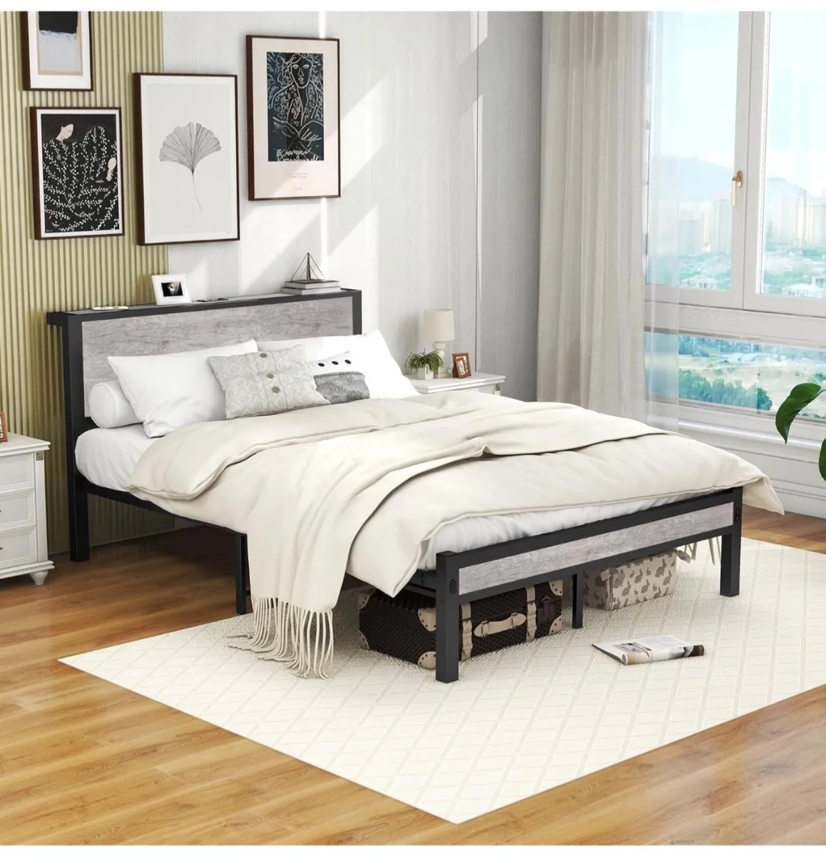 Double Bed Frames with Storage Wooden Headboard, M - Image 1