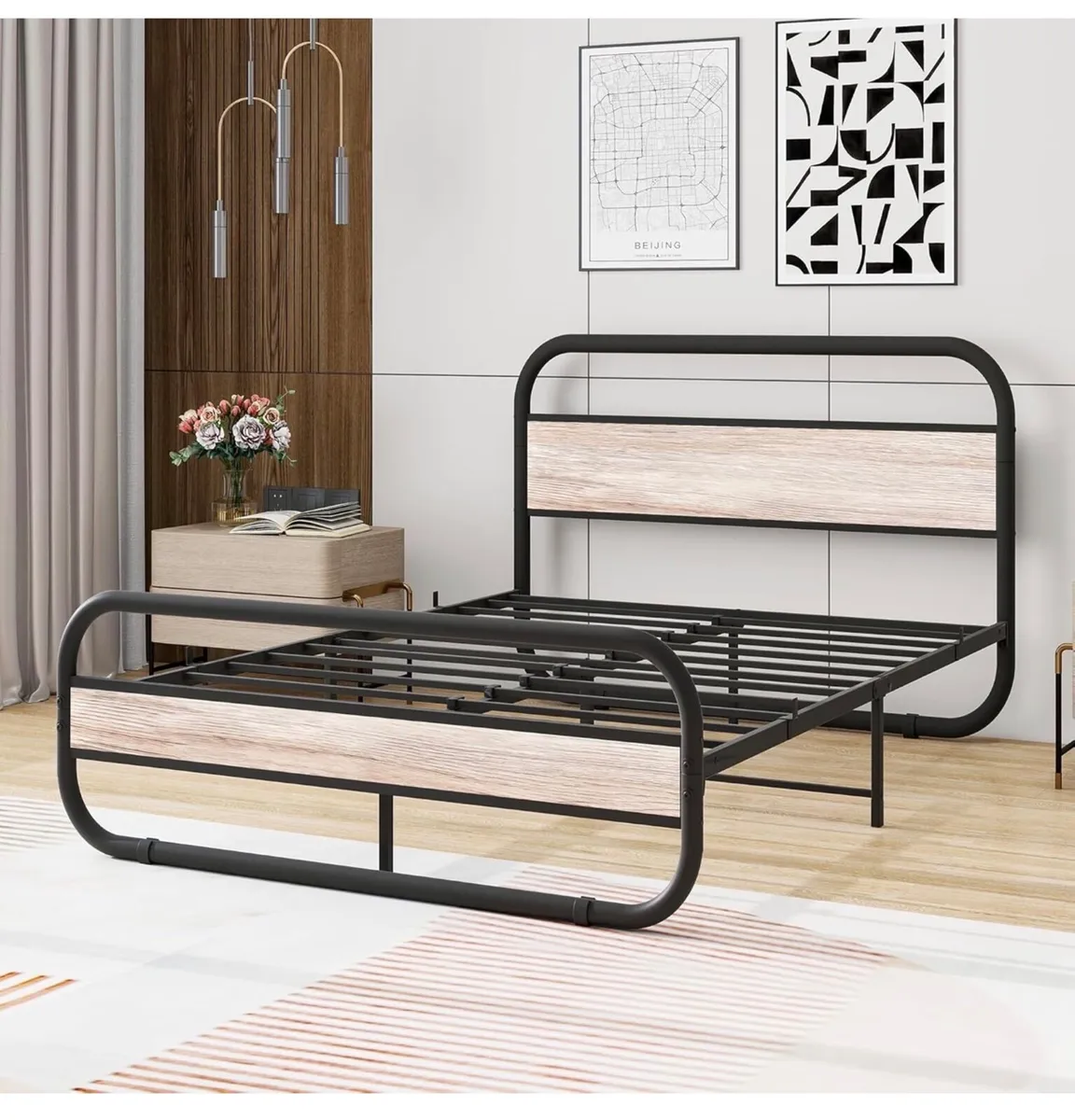 Double Bed Frame with Headboard,Oval-Shaped Platfo - Image 4