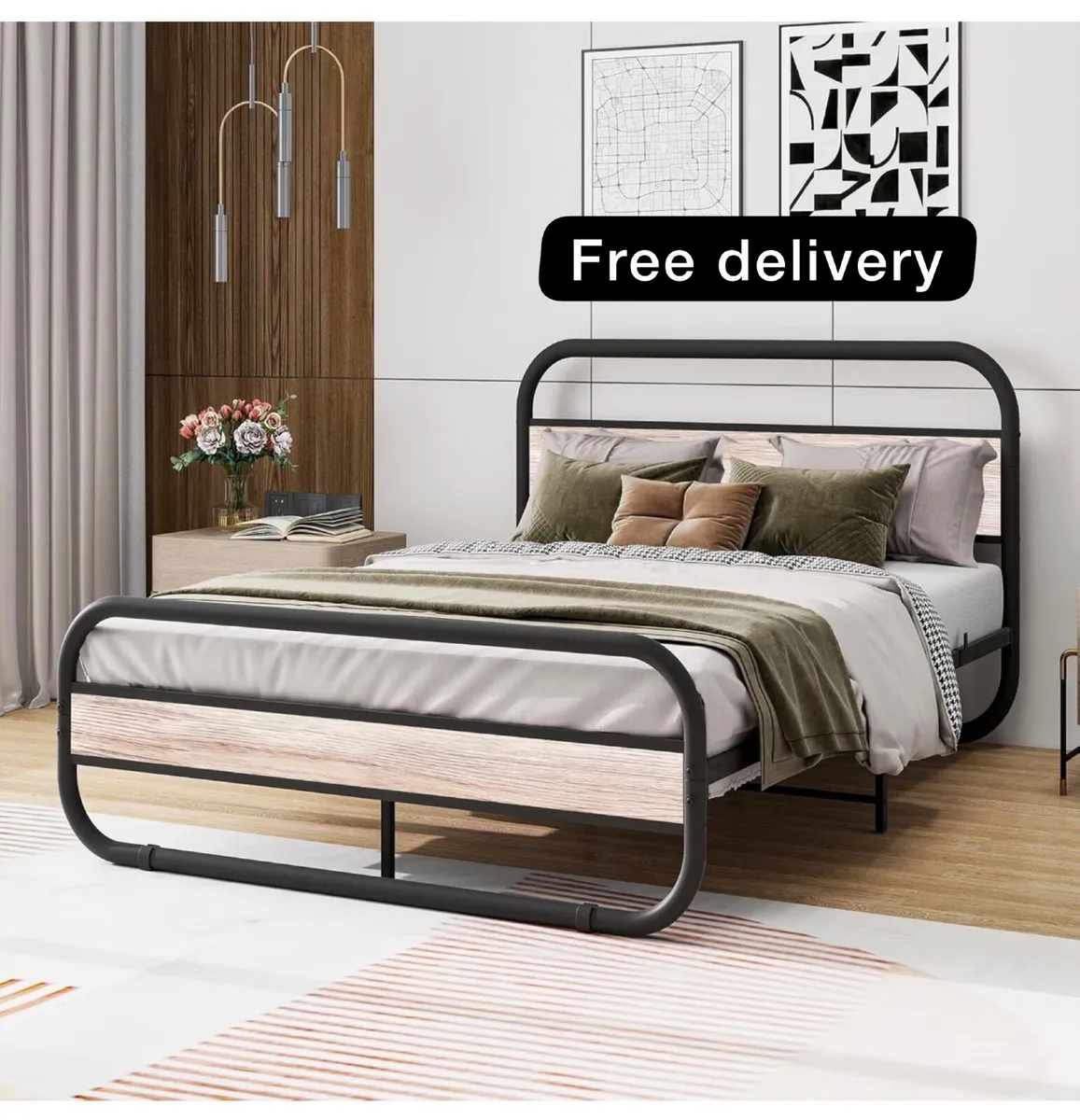 Double Bed Frame with Headboard,Oval-Shaped Platfo - Image 1