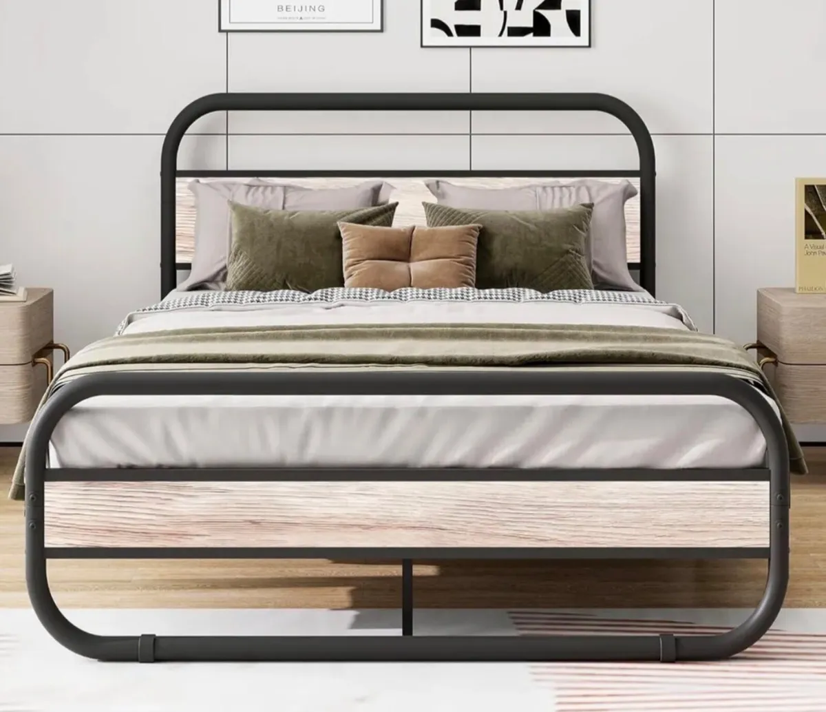Double Bed Frame with Headboard,Oval-Shaped Platfo - Image 1