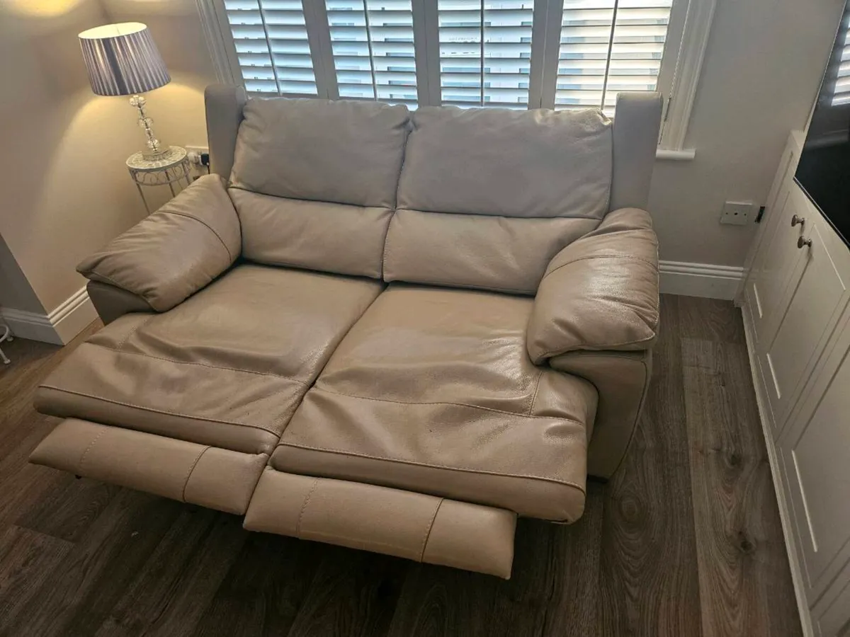 Cream leather couch and foot stool with storage - Image 3