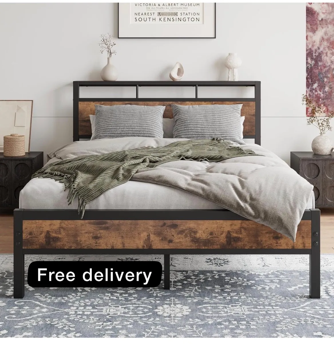 Double Bed Frame with Wooden Storage Shelf Headboa - Image 1