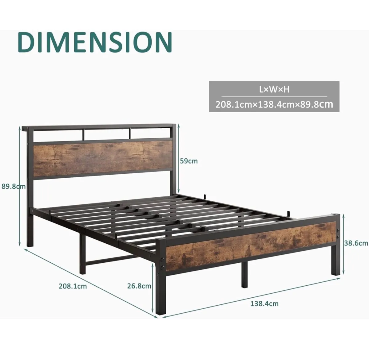 Double Bed Frame with Wooden Storage Shelf Headboa - Image 1