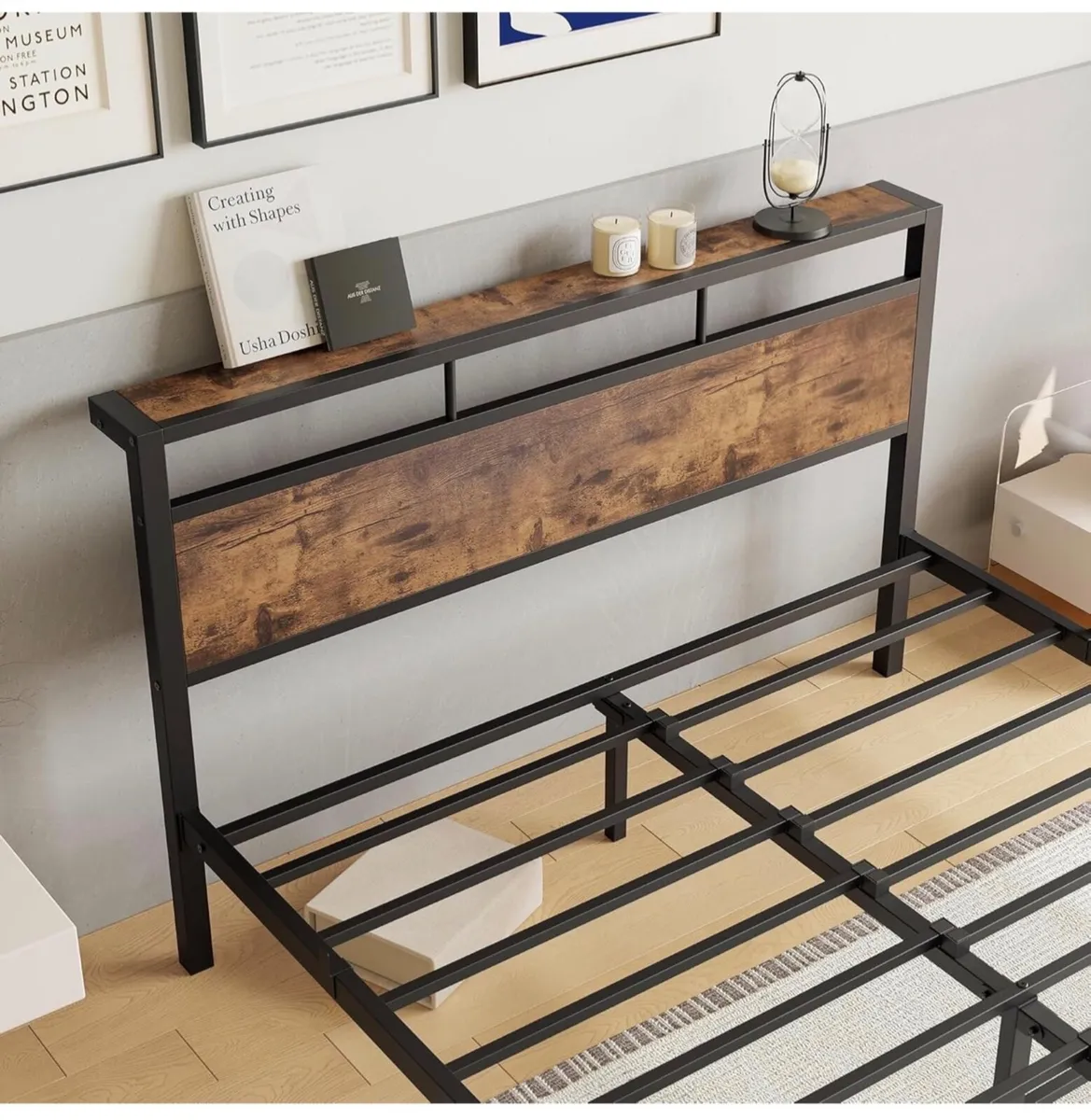 Double Bed Frame with Wooden Storage Shelf Headboa - Image 2