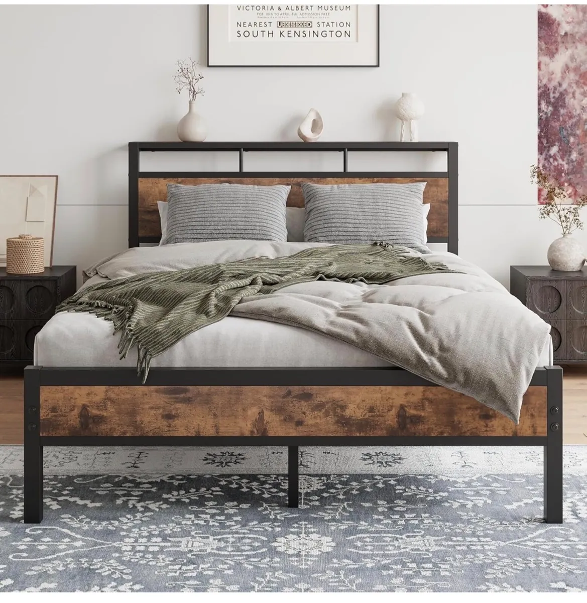 Double Bed Frame with Wooden Storage Shelf Headboa - Image 4