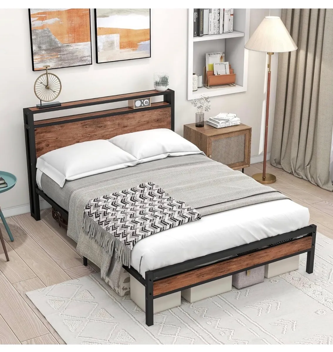 Double Bed Frame with Storage Wooden Headboard She - Image 2