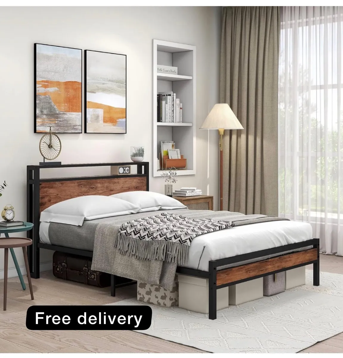 Double Bed Frame with Storage Wooden Headboard She - Image 1