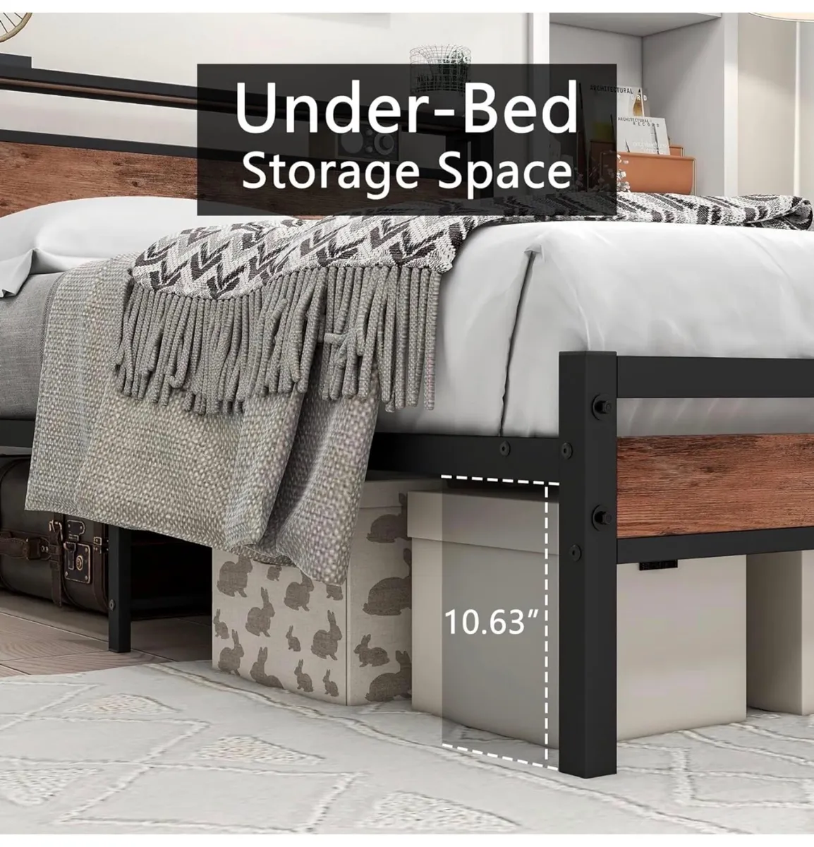 Double Bed Frame with Storage Wooden Headboard She - Image 3