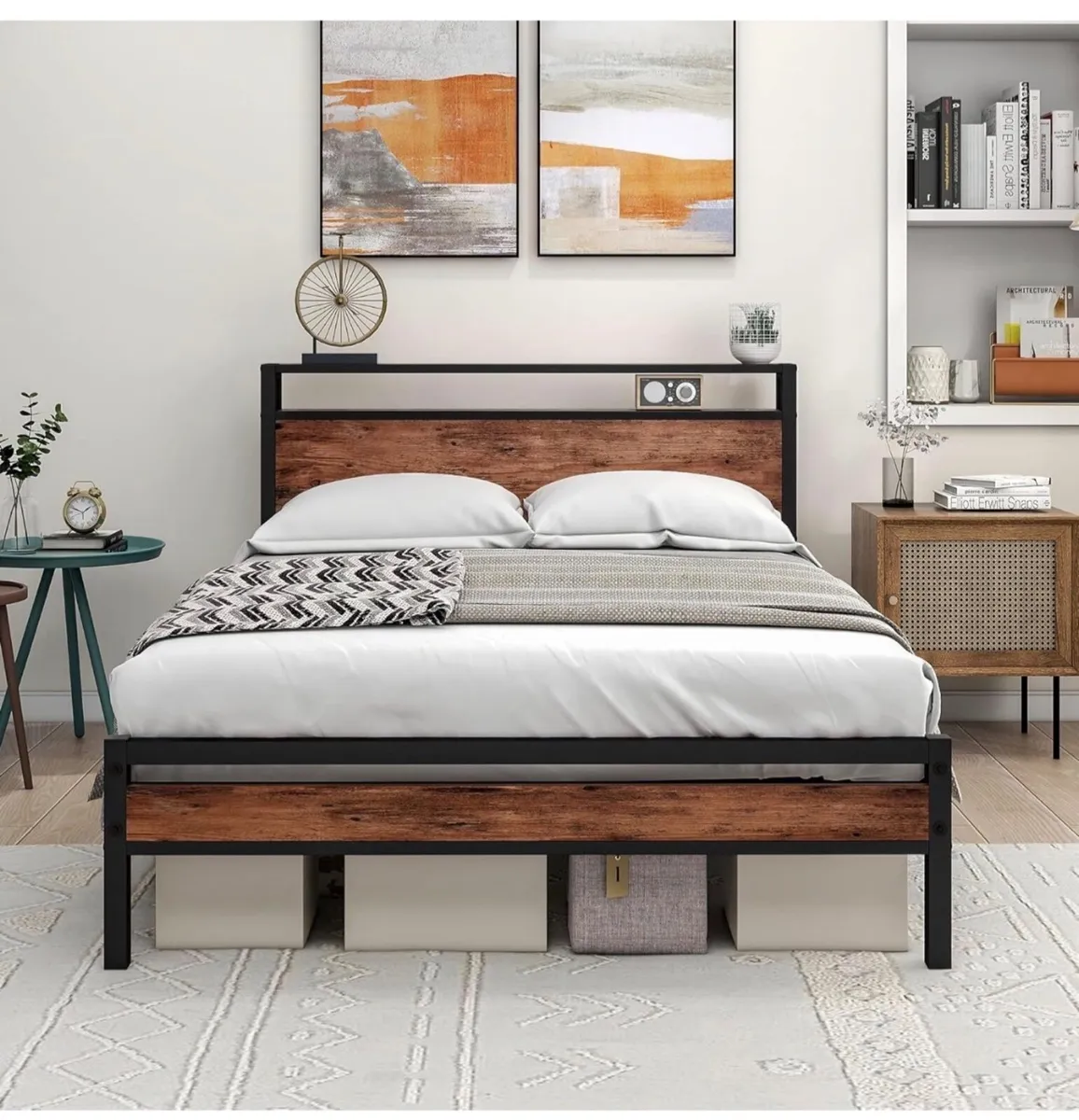 Double Bed Frame with Storage Wooden Headboard She - Image 1