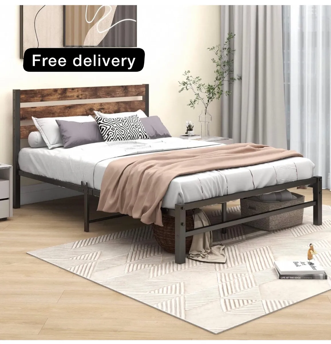 Double Bed Frame with Rustic Wood Headboard - Image 1