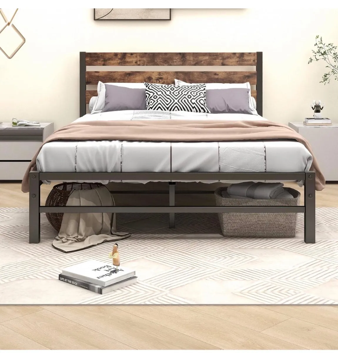 Double Bed Frame with Rustic Wood Headboard - Image 1