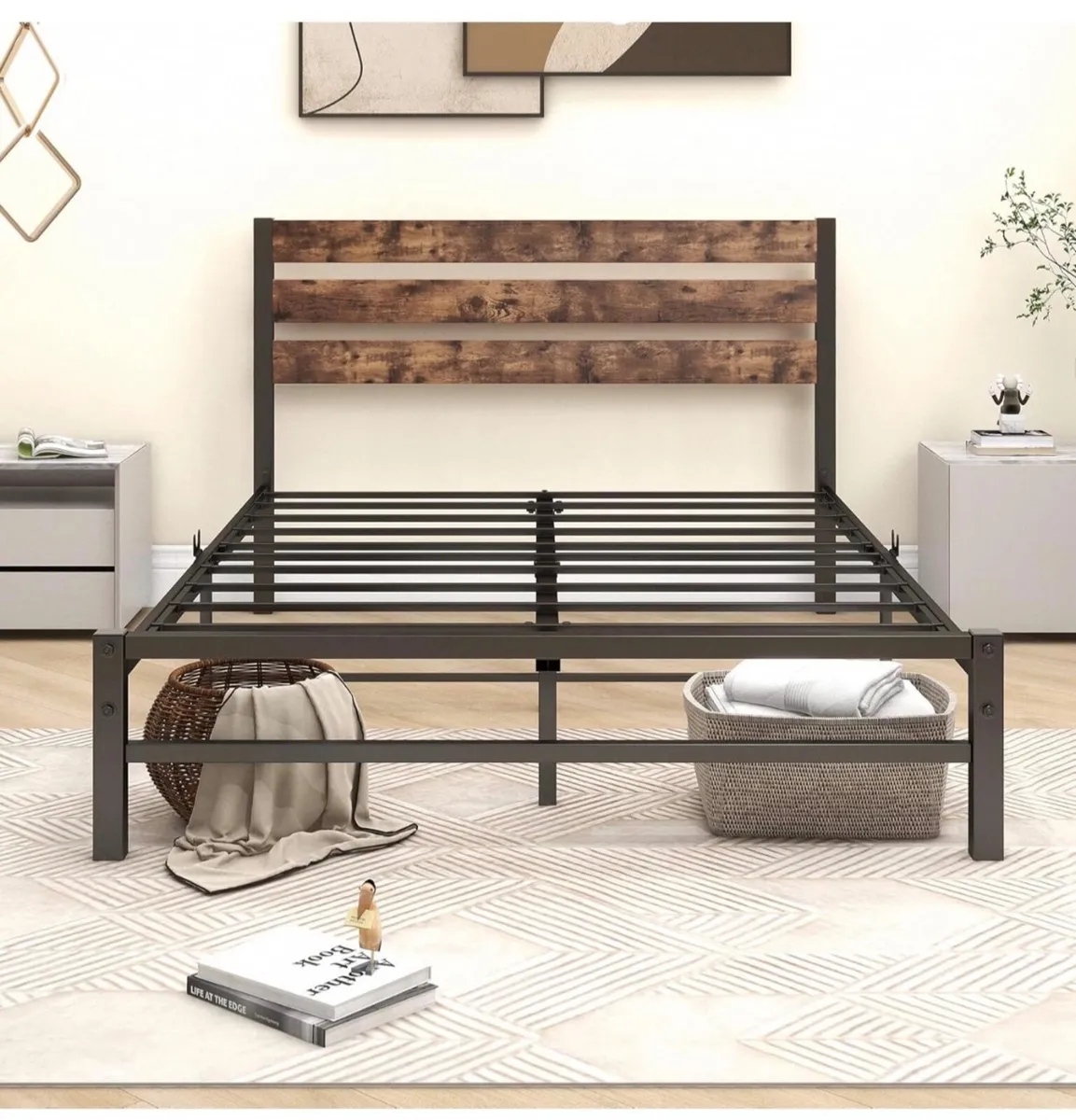Double Bed Frame with Rustic Wood Headboard - Image 2