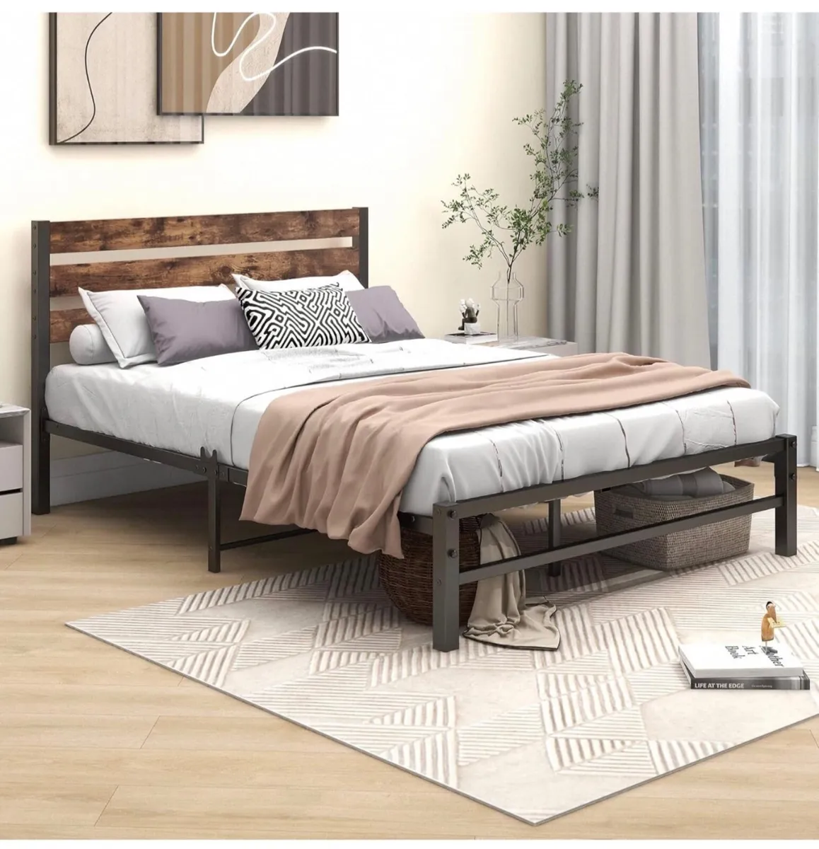 Double Bed Frame with Rustic Wood Headboard - Image 3