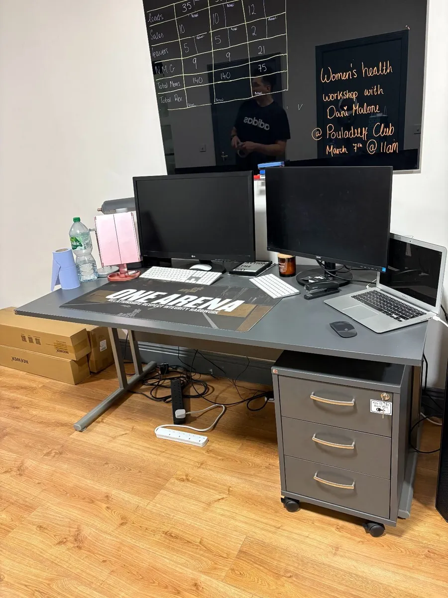 Desk with three drawer pedestal and cabinet - Image 2