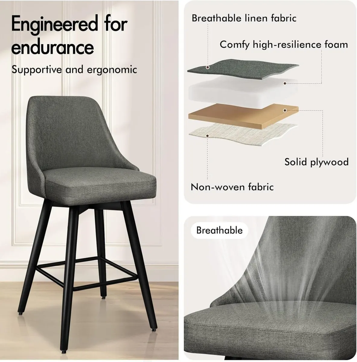 Bar Stools Set of 2 Barstools with Metal Legs and - Image 3