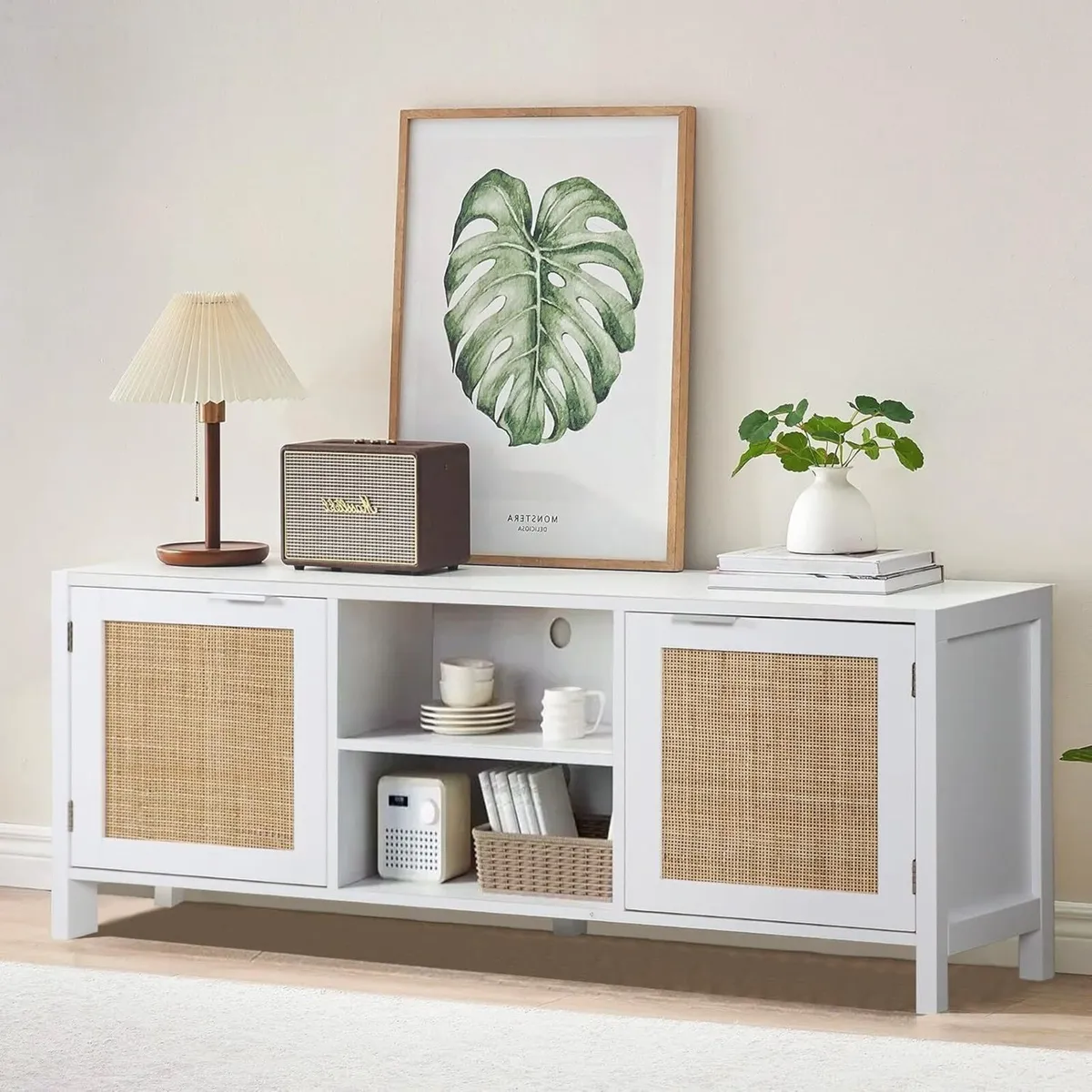 Rattan TV Stand Mid Century Modern Console with - Image 1