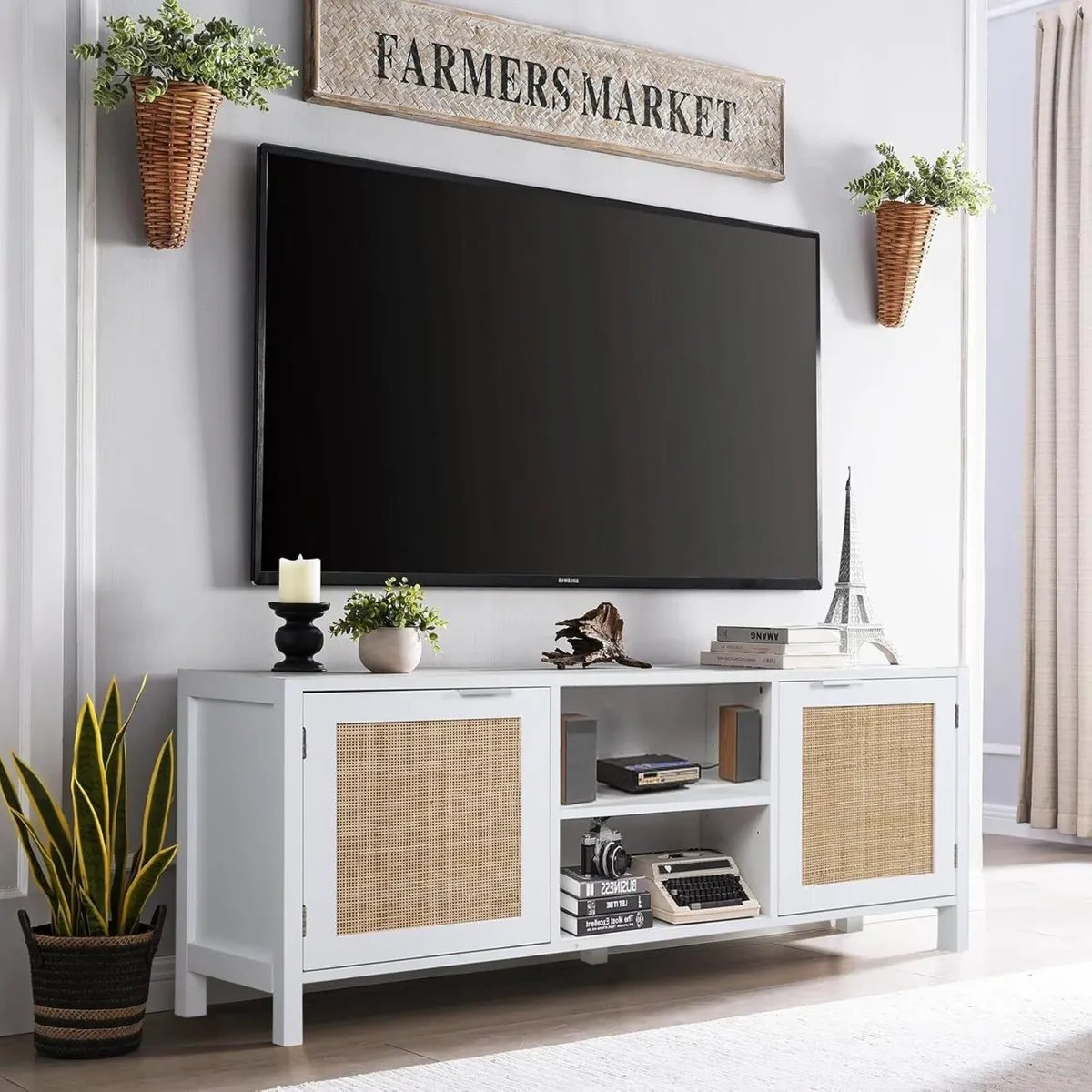 Rattan TV Stand Mid Century Modern Console with - Image 3