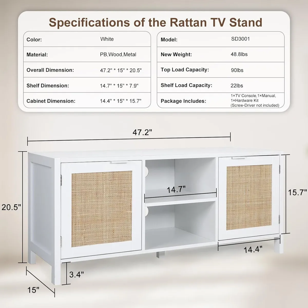Rattan TV Stand Mid Century Modern Console with - Image 2
