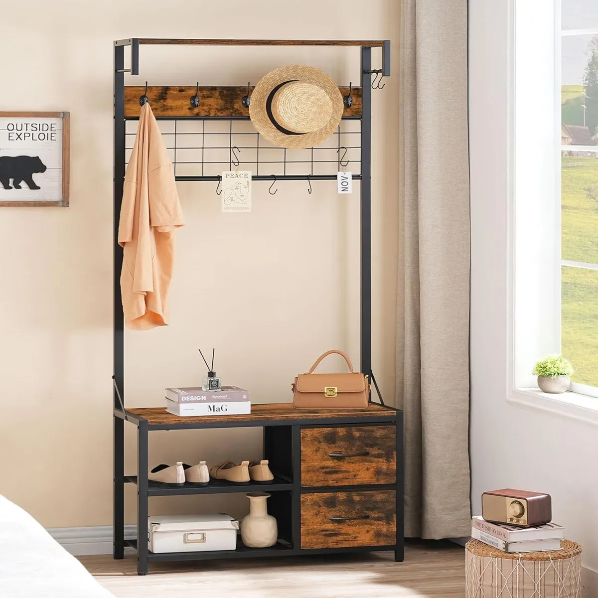 Coat Rack with Shoe Storage Bench Stand Hooks and - Image 2