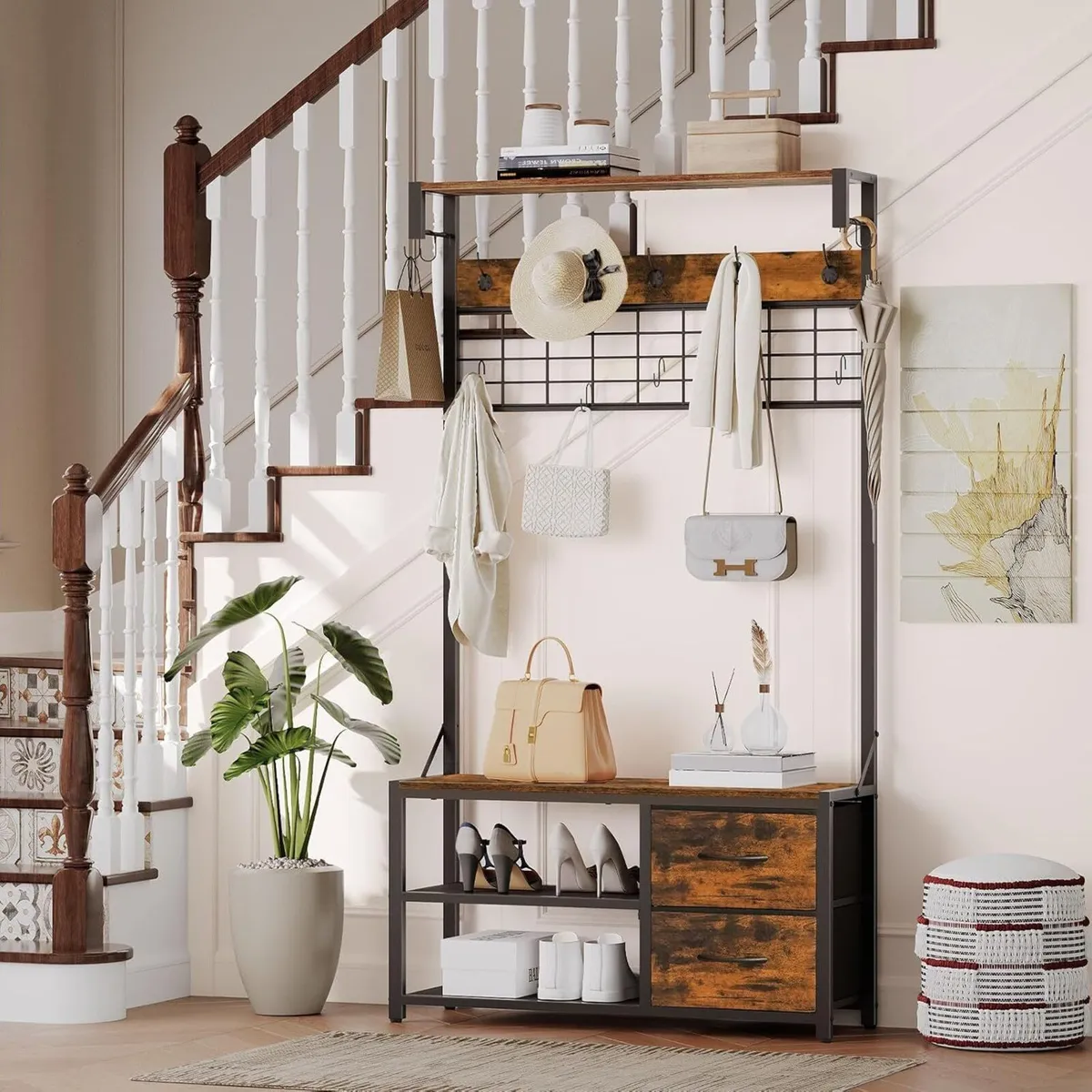 Coat Rack with Shoe Storage Bench Stand Hooks and - Image 4