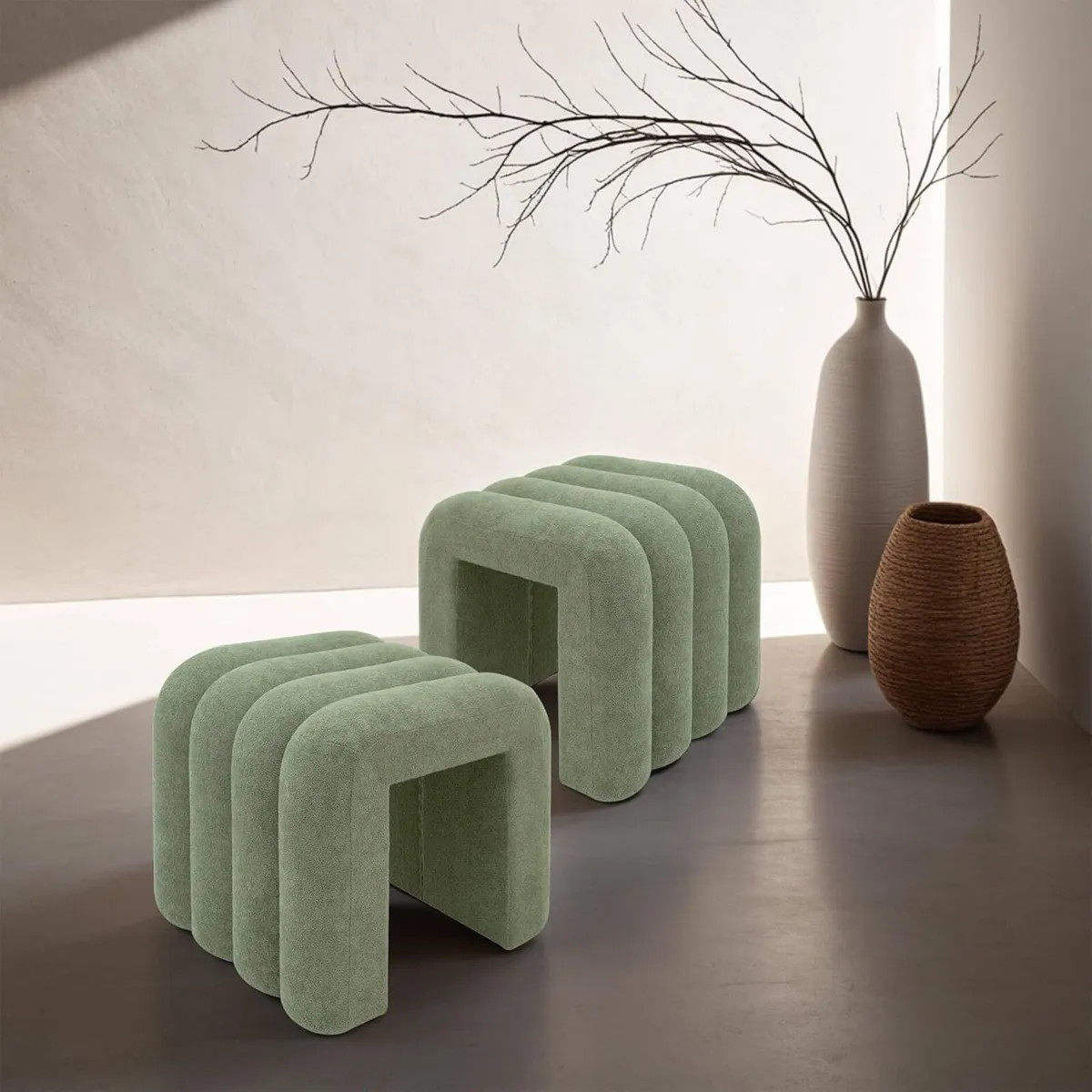 Set 2 Modern Footrests Low Pouf Stools Dark Green - Image 3