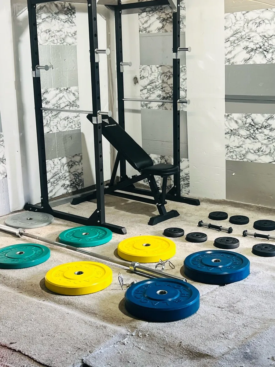 Olympic weights power rack bench barbell dumbbells - Image 2