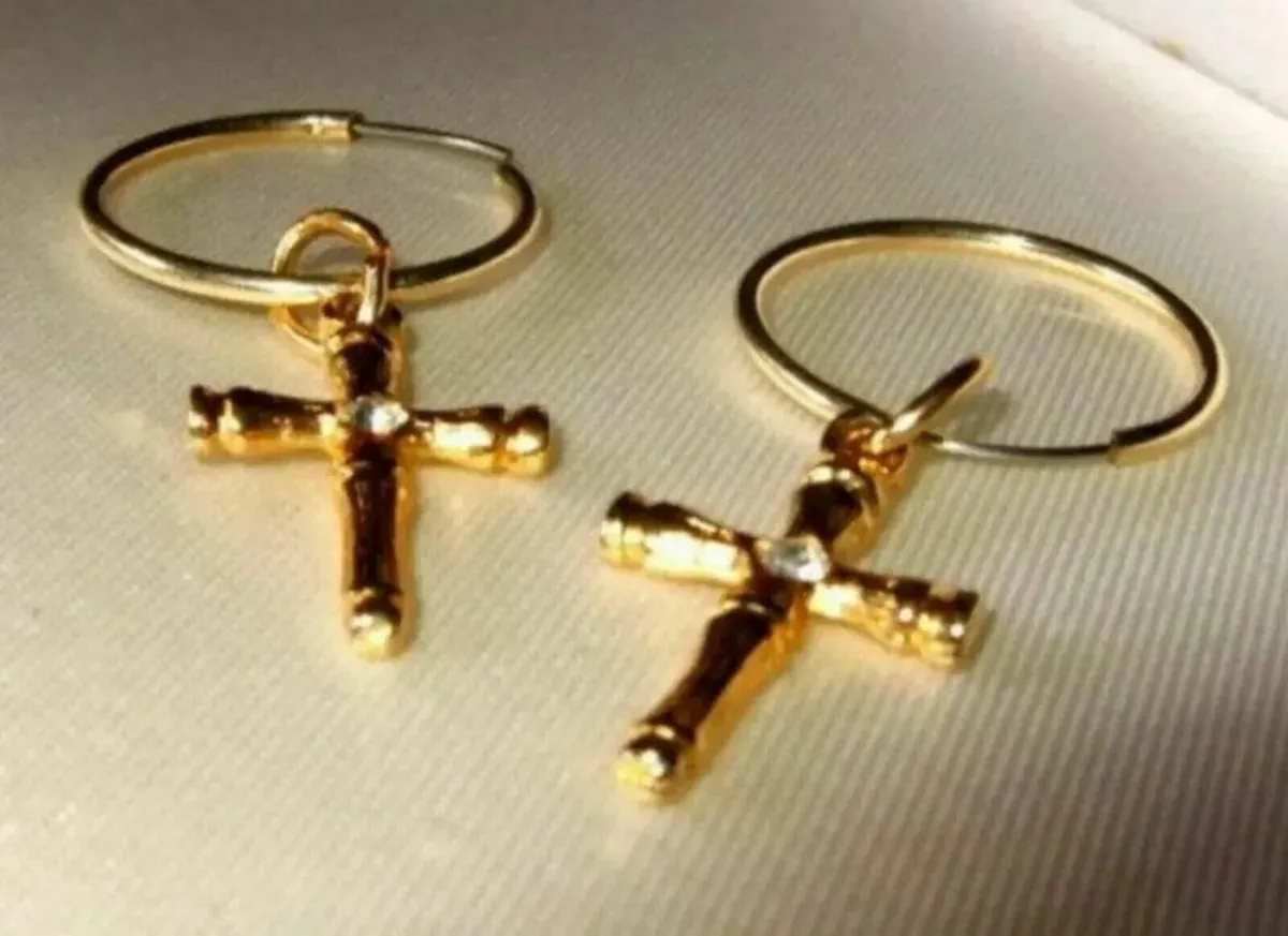 Vintage 9ct Gold Hoops & Gemset Cross Charms - Image 4
