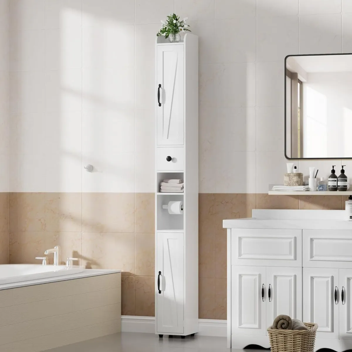 Tall Bathroom Storage Cabinet Slim Unit with - Image 1