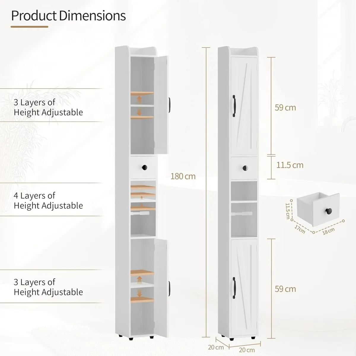 Tall Bathroom Storage Cabinet Slim Unit with - Image 2