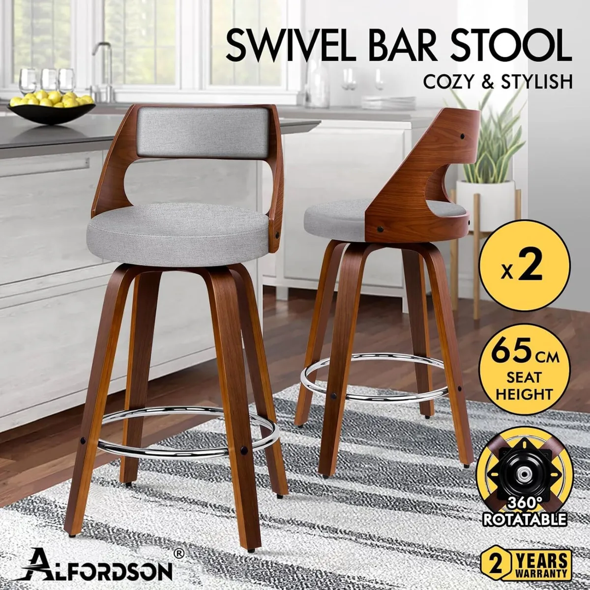 Bar Stools Set of 2 Thick Padded Barstools Linen - Image 3