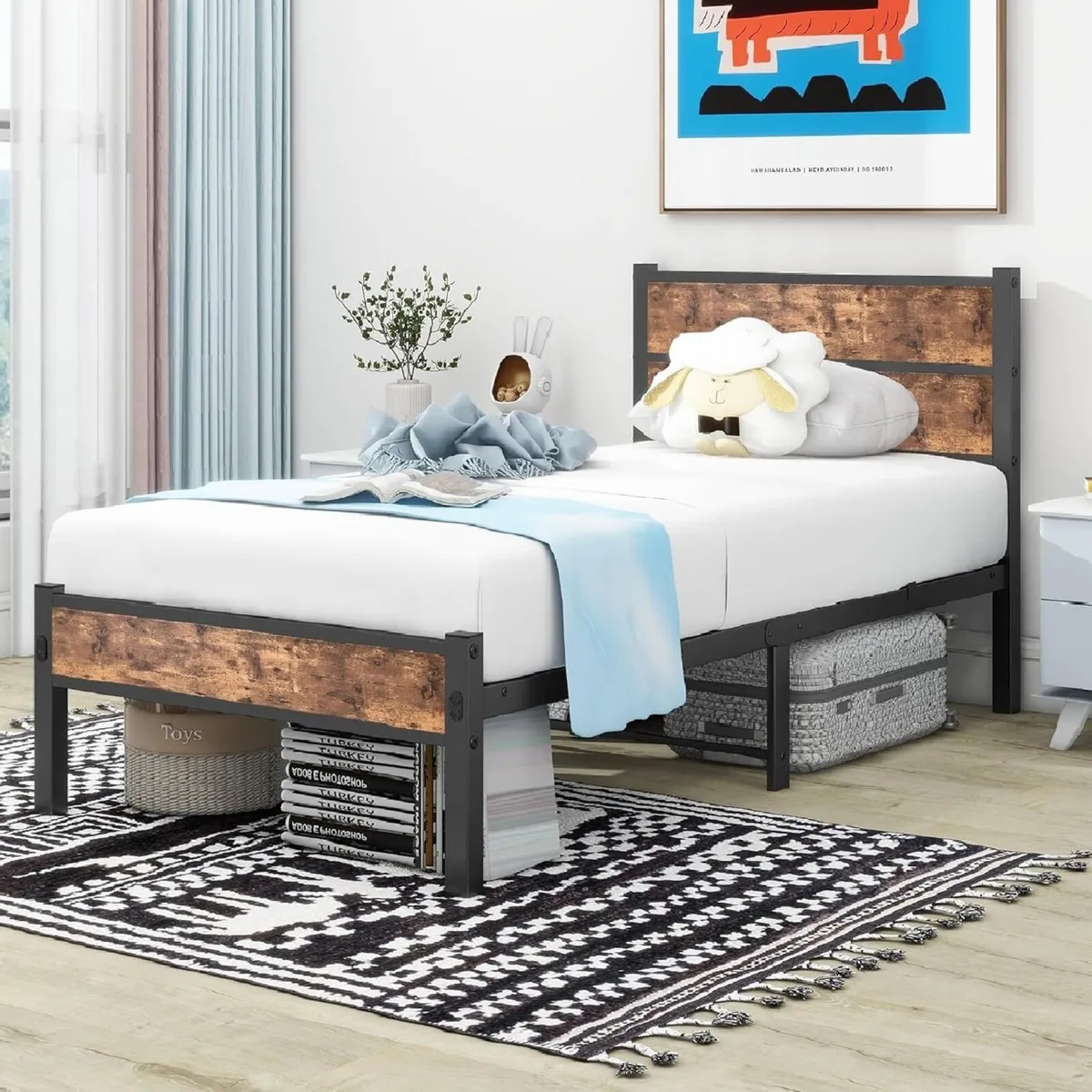 Single Bed Frame with Wooden Headboard and - Image 3