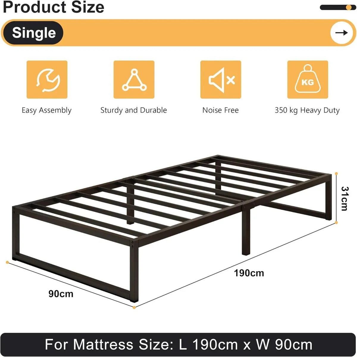 Single Bed Frame 90x190 cm Metal with Steel Slat - Image 2