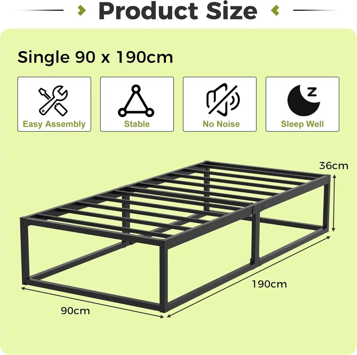 3ft Single Bed Frame 36cm High with Steel Slats - Image 2