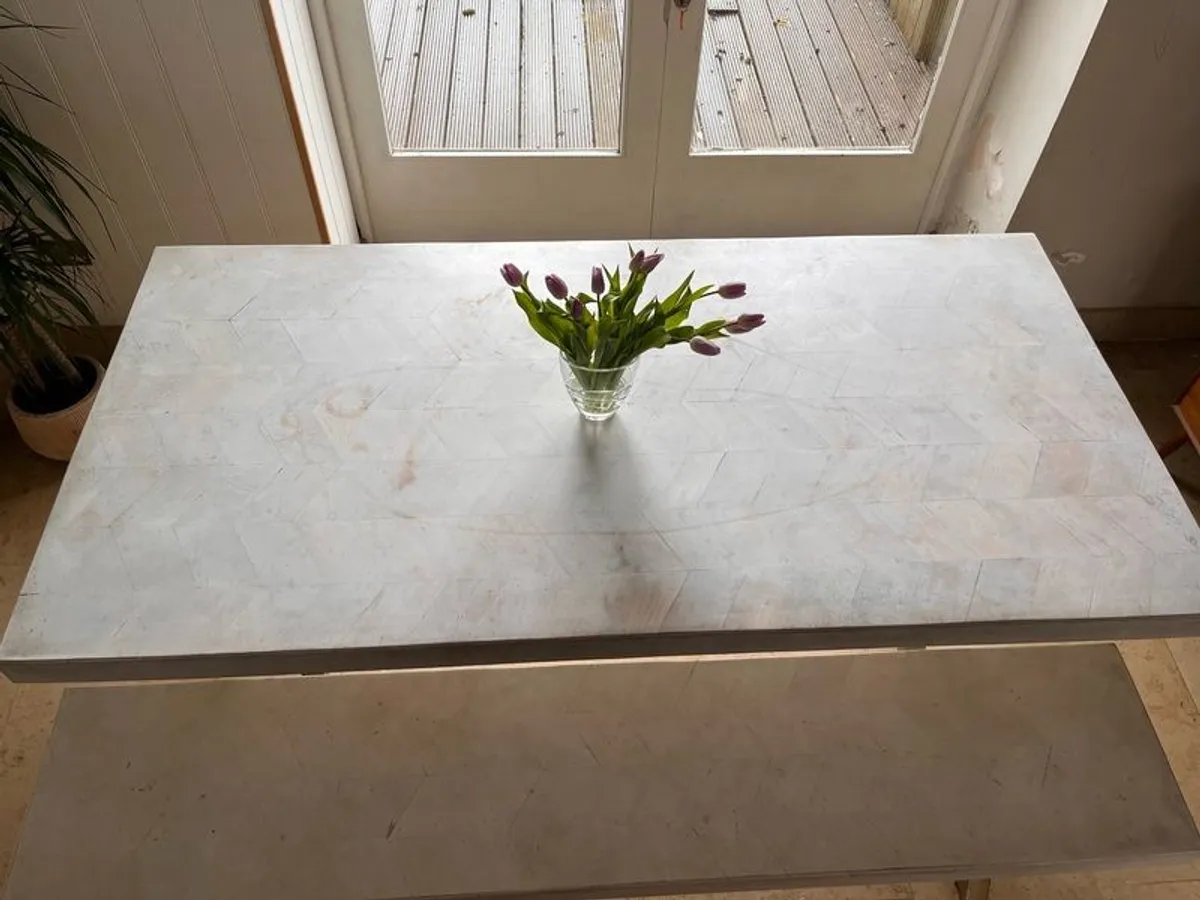 Atkin and Thyme Chevron Mango Wood Dining Table & Matching Bench (Living Patina) - Image 1