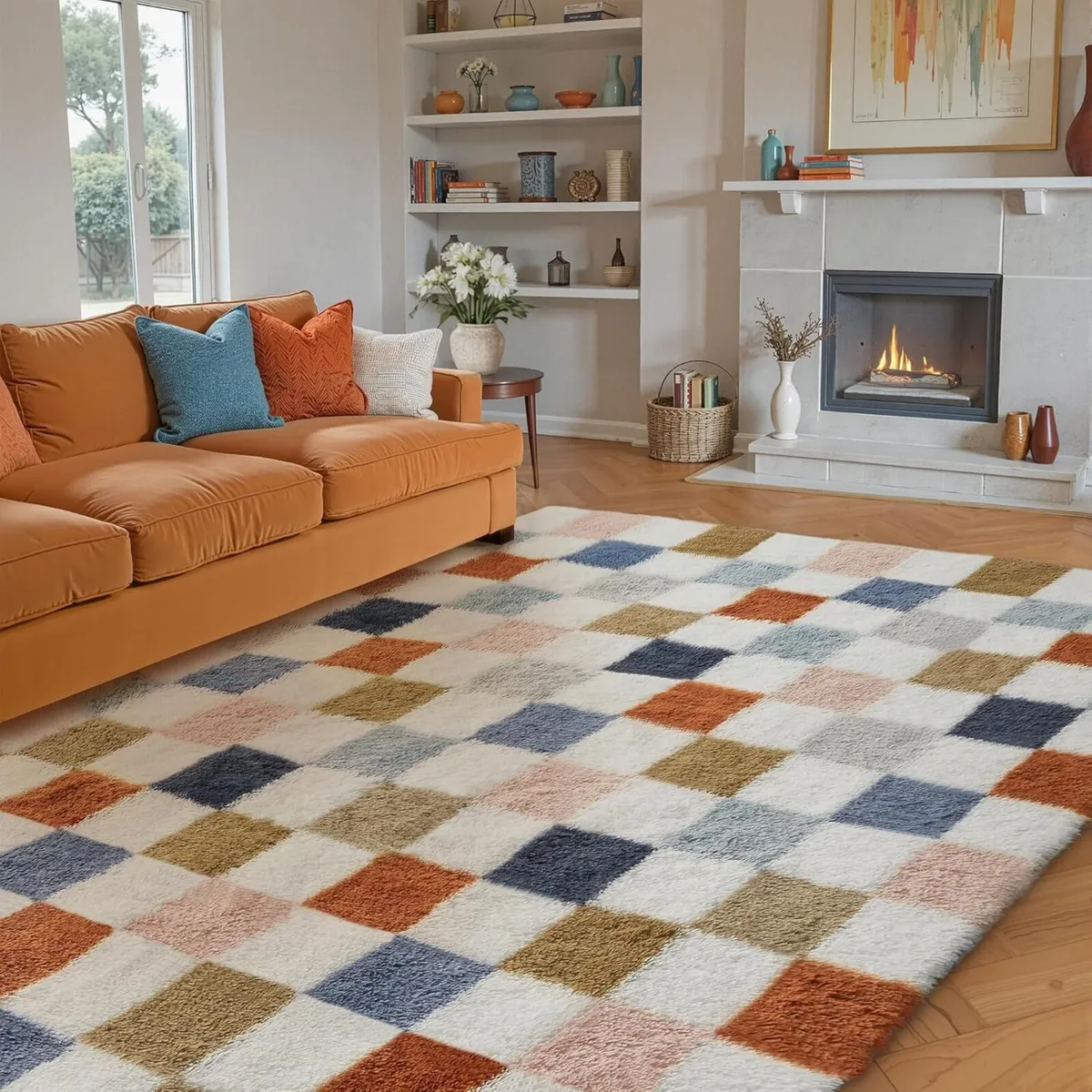 Fluffy Checkered Rugs Living Room Large Area Rug - Image 1